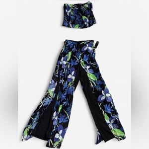 Cache Black, Green and Blue Floral Flowy Pants with Matching Tube Top